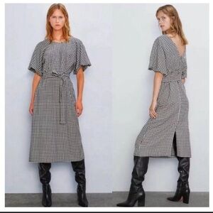 Zara Women Houndstooth Midi Dress Black White Balloon Sleeves Size M